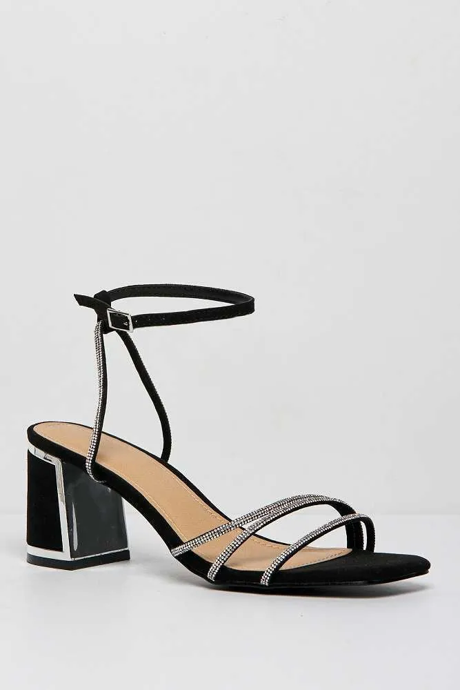 Alyanna Diamante Embellished Metallic Trim Block Heel Sandals in Black Suede