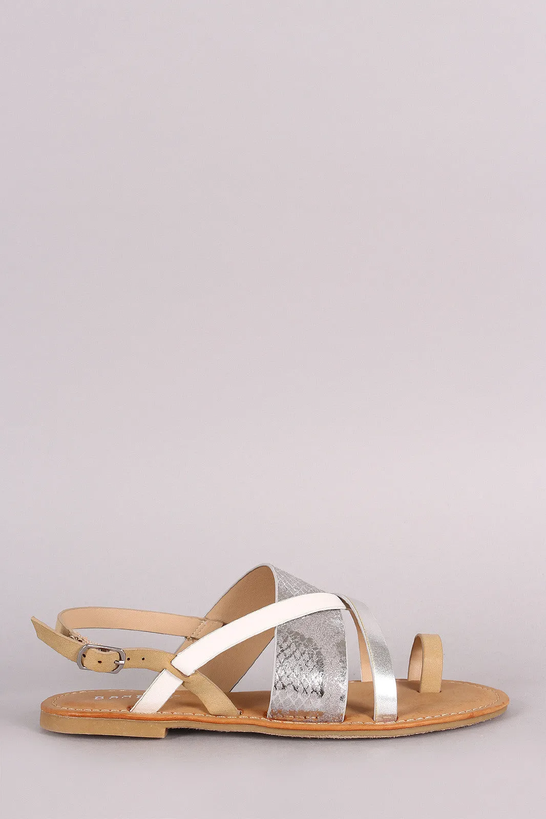 Bamboo Two Tone Metallic Snake Asymmetrical Flat Sandal