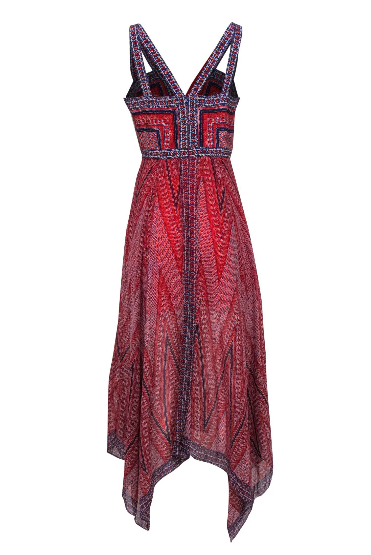 BCBG Max Azria - Red, White & Blue Tribal Print Sleeveless Silk Maxi Dress Sz 8