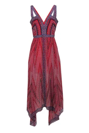 BCBG Max Azria - Red, White & Blue Tribal Print Sleeveless Silk Maxi Dress Sz 8