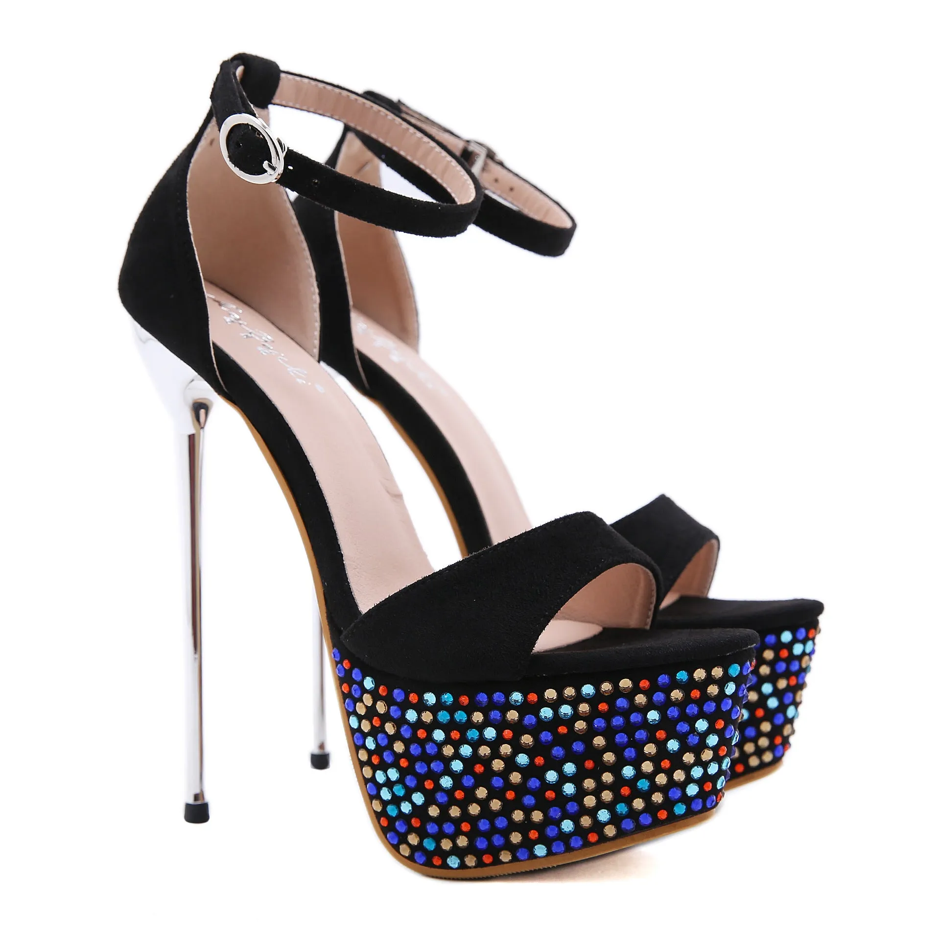 Color water drill water table thin high heel button sandals