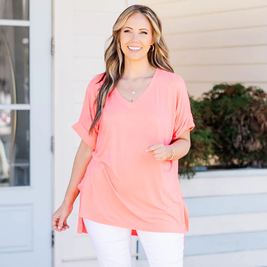 Comfy Travels Top, Neon Coral Pink