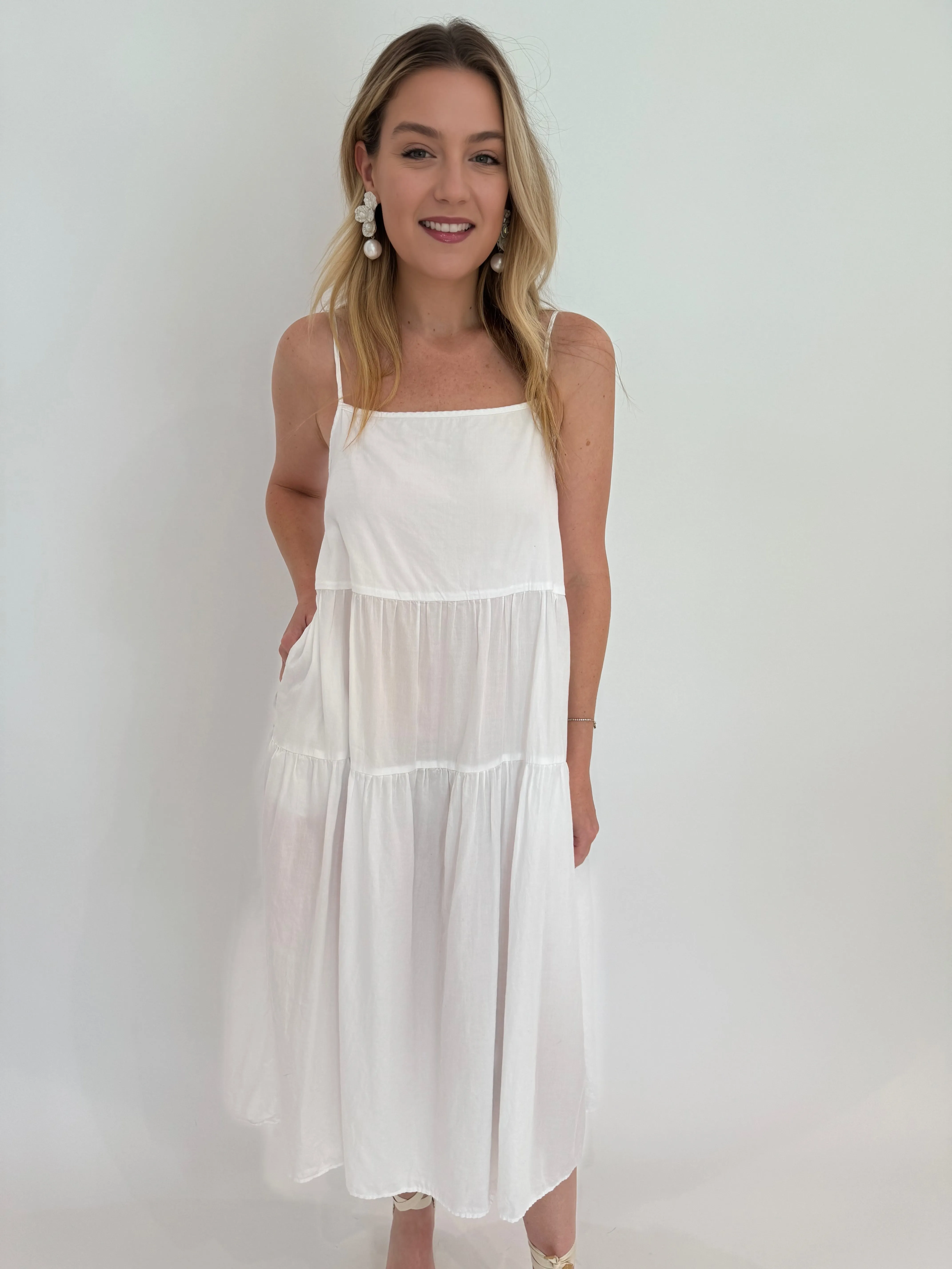 Cool Cotton Strappy Tiered Dress - White