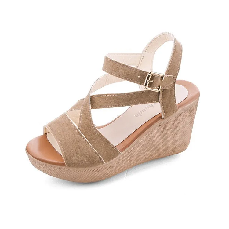 CRISS-CROSS BUCKLE STRAP SLOPED WEDGE SANDAL