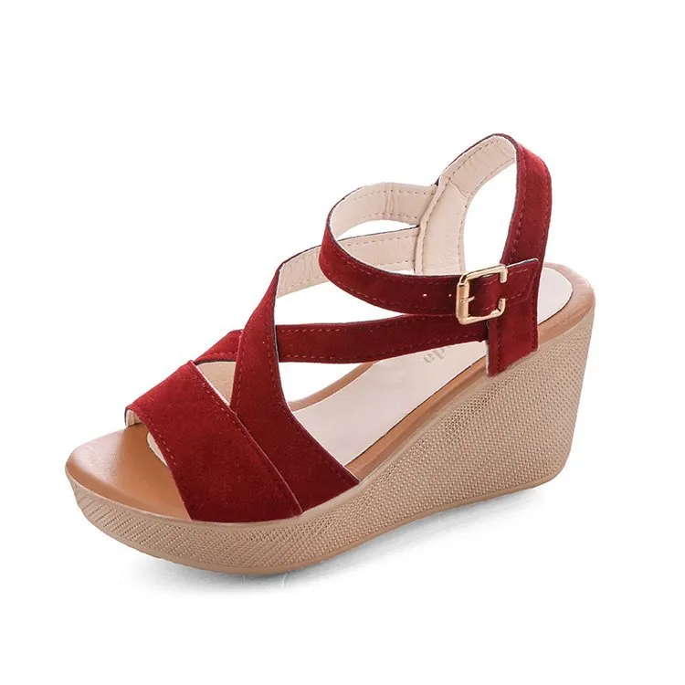 CRISS-CROSS BUCKLE STRAP SLOPED WEDGE SANDAL