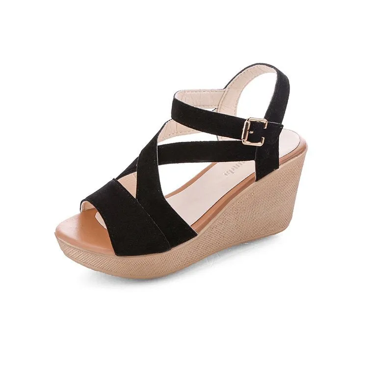 CRISS-CROSS BUCKLE STRAP SLOPED WEDGE SANDAL