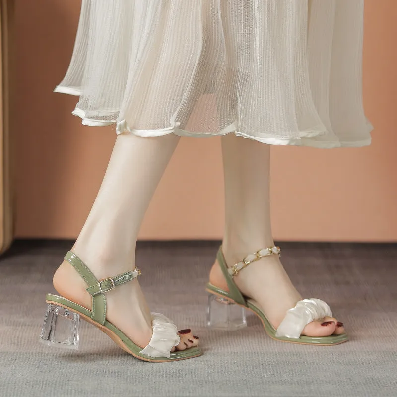 DEANWANGK  Summer  New Pleated Transparent Thick High Heel Sandals with Chain Square Toe Open Toe Rubber Sole for Women