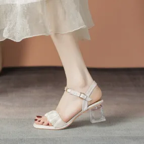 DEANWANGK  Summer  New Pleated Transparent Thick High Heel Sandals with Chain Square Toe Open Toe Rubber Sole for Women