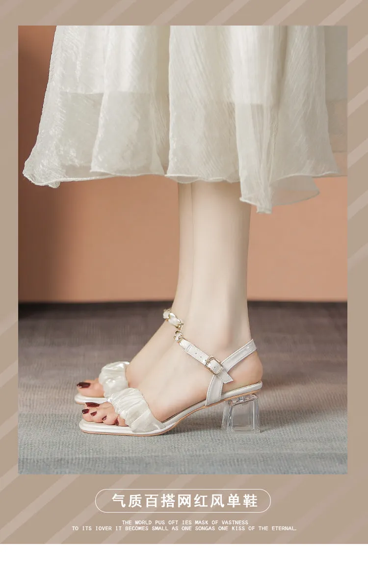 DEANWANGK  Summer  New Pleated Transparent Thick High Heel Sandals with Chain Square Toe Open Toe Rubber Sole for Women