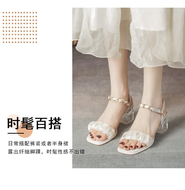 DEANWANGK  Summer  New Pleated Transparent Thick High Heel Sandals with Chain Square Toe Open Toe Rubber Sole for Women