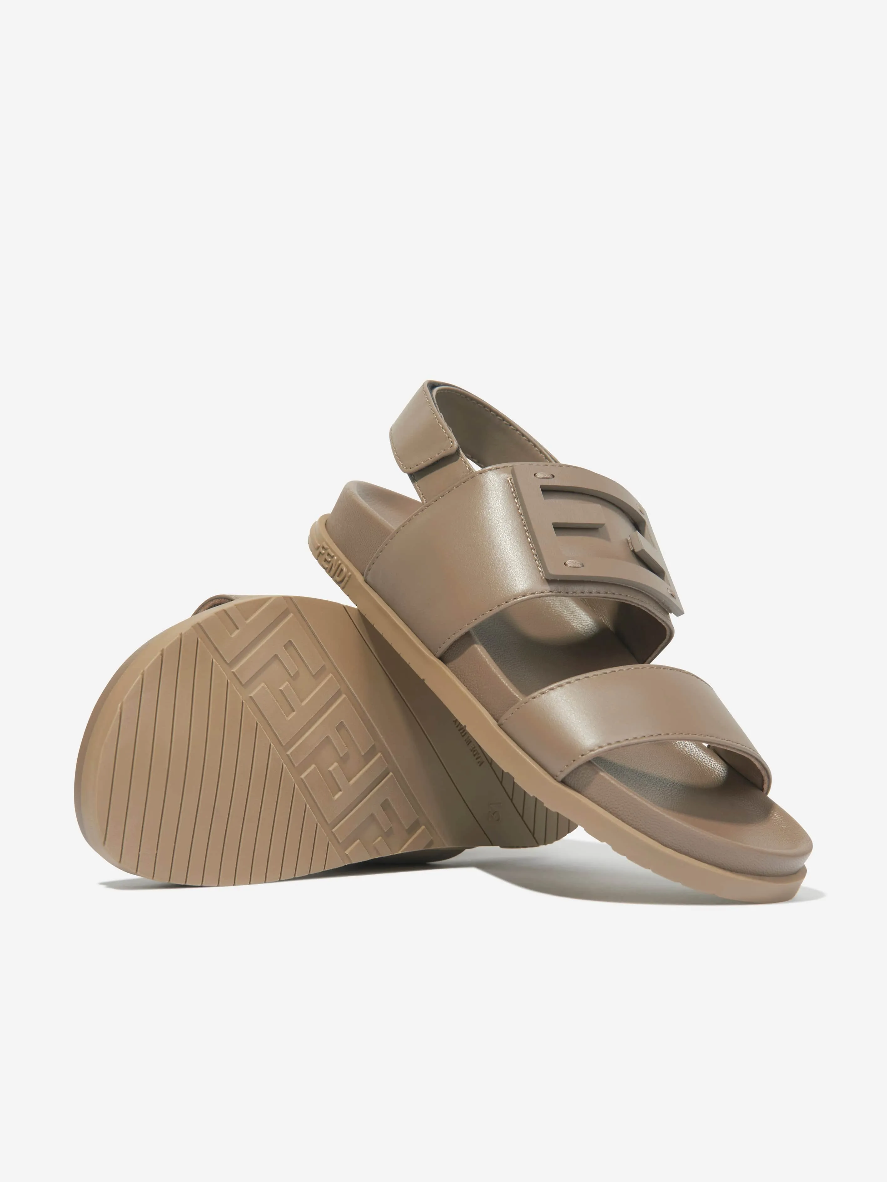 Fendi Kids Leather FF Logo Sandals in Beige