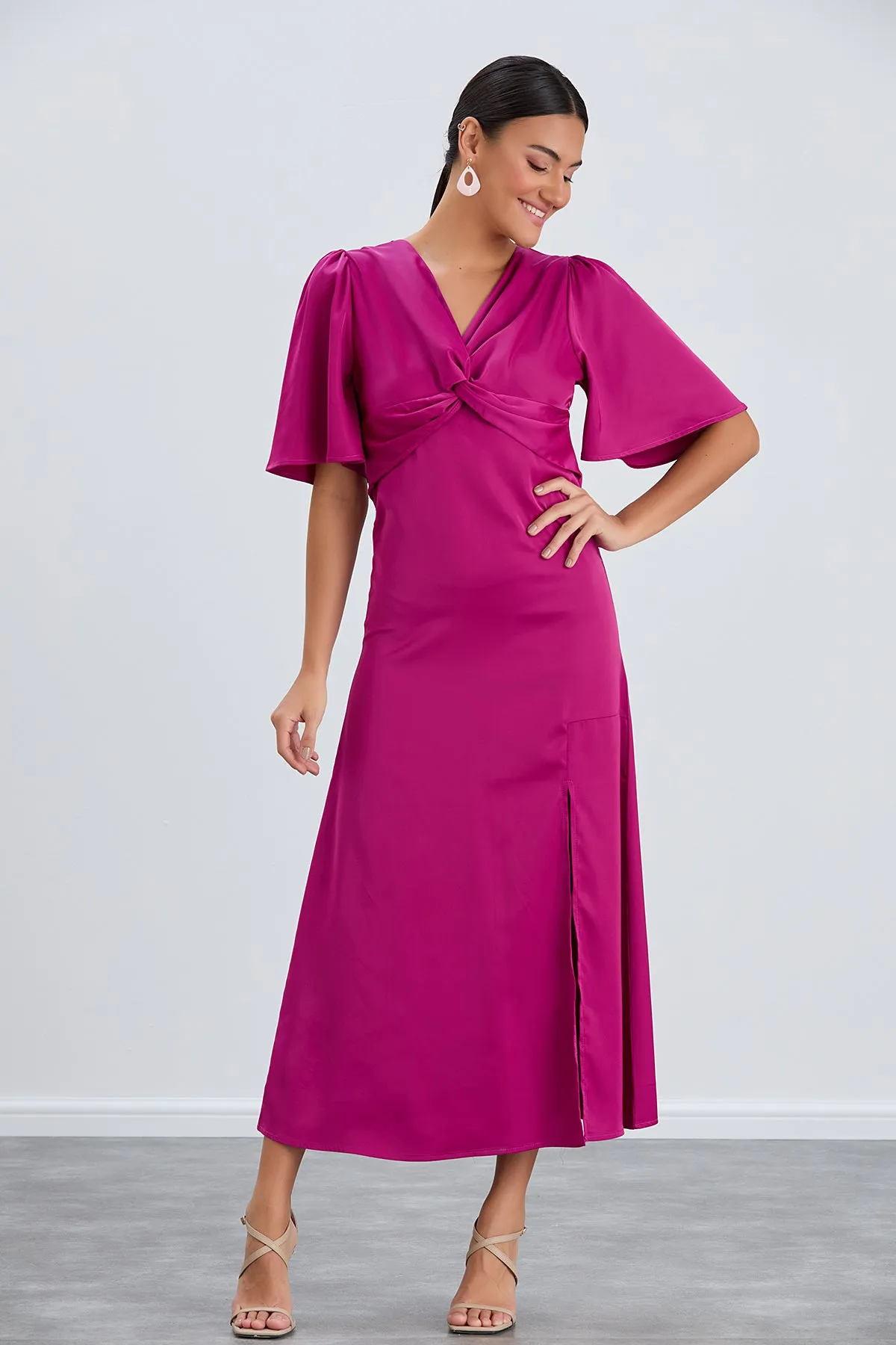 Fuchsia Angel Sleeve Midi Dress with Elegant Side Slit