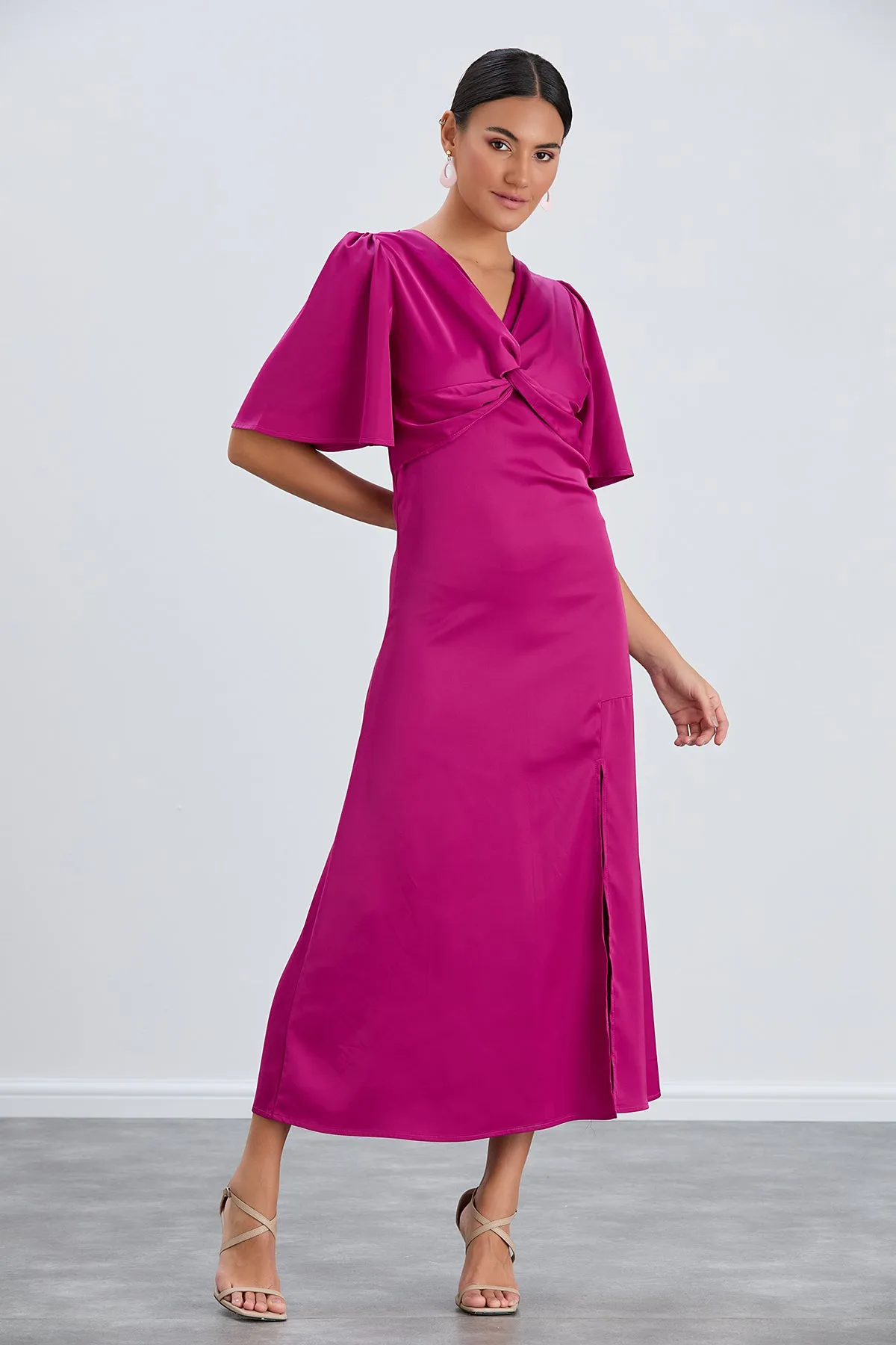 Fuchsia Angel Sleeve Midi Dress with Elegant Side Slit