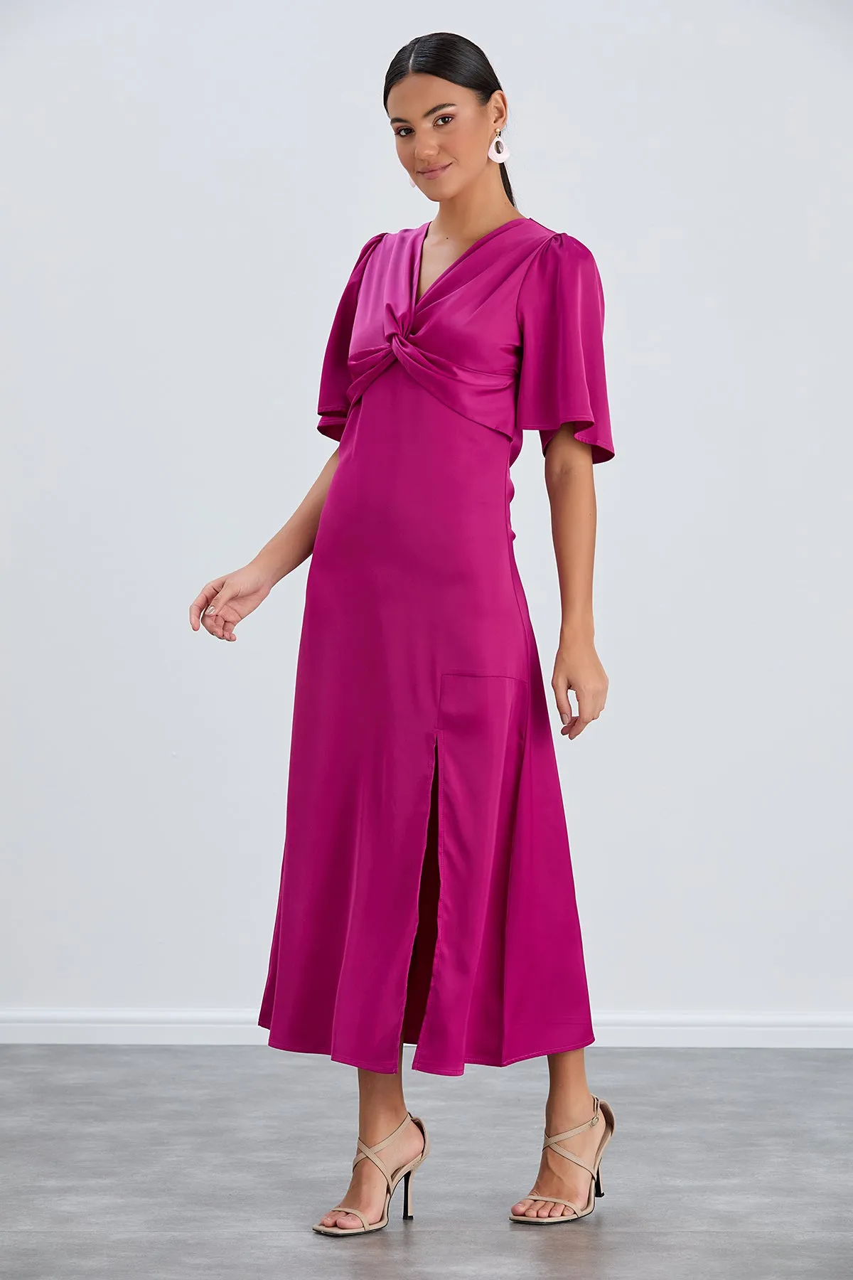 Fuchsia Angel Sleeve Midi Dress with Elegant Side Slit