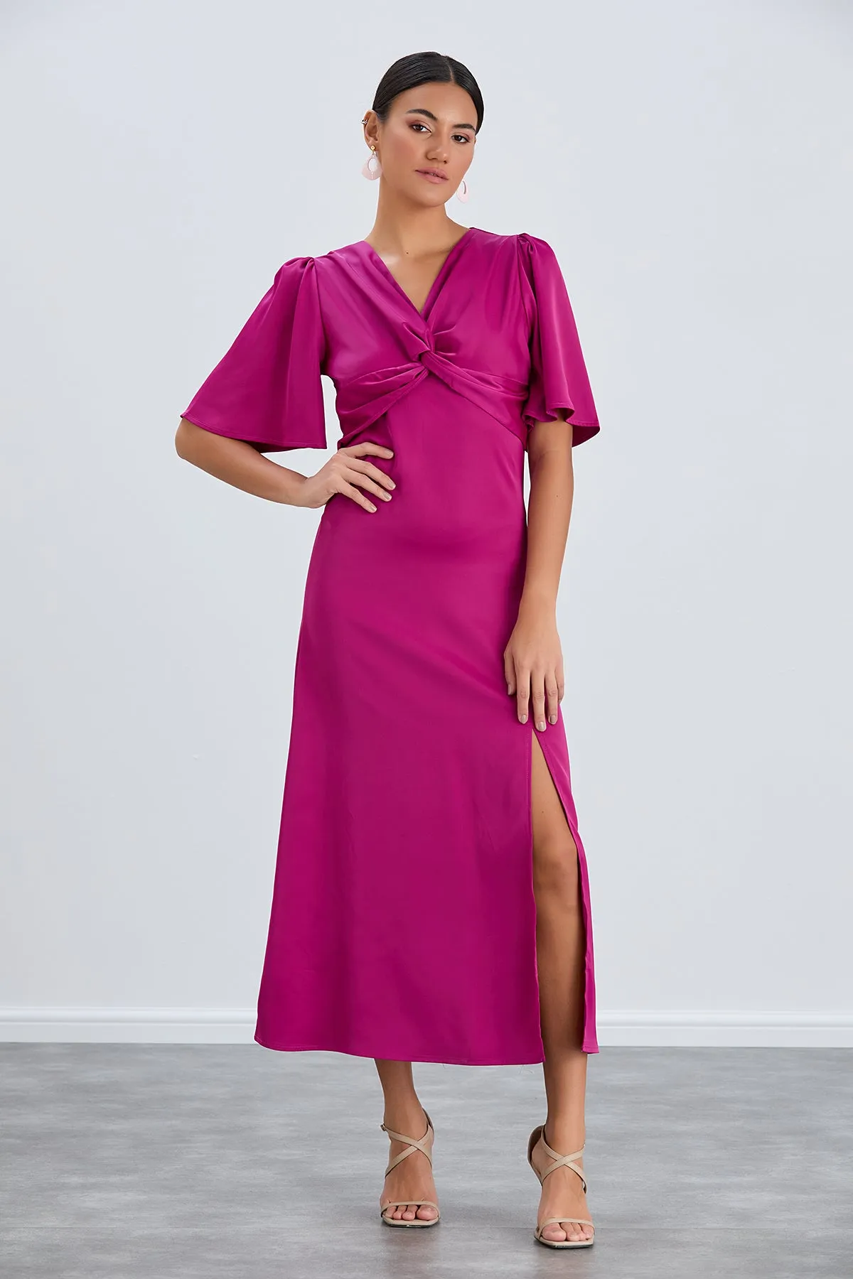 Fuchsia Angel Sleeve Midi Dress with Elegant Side Slit