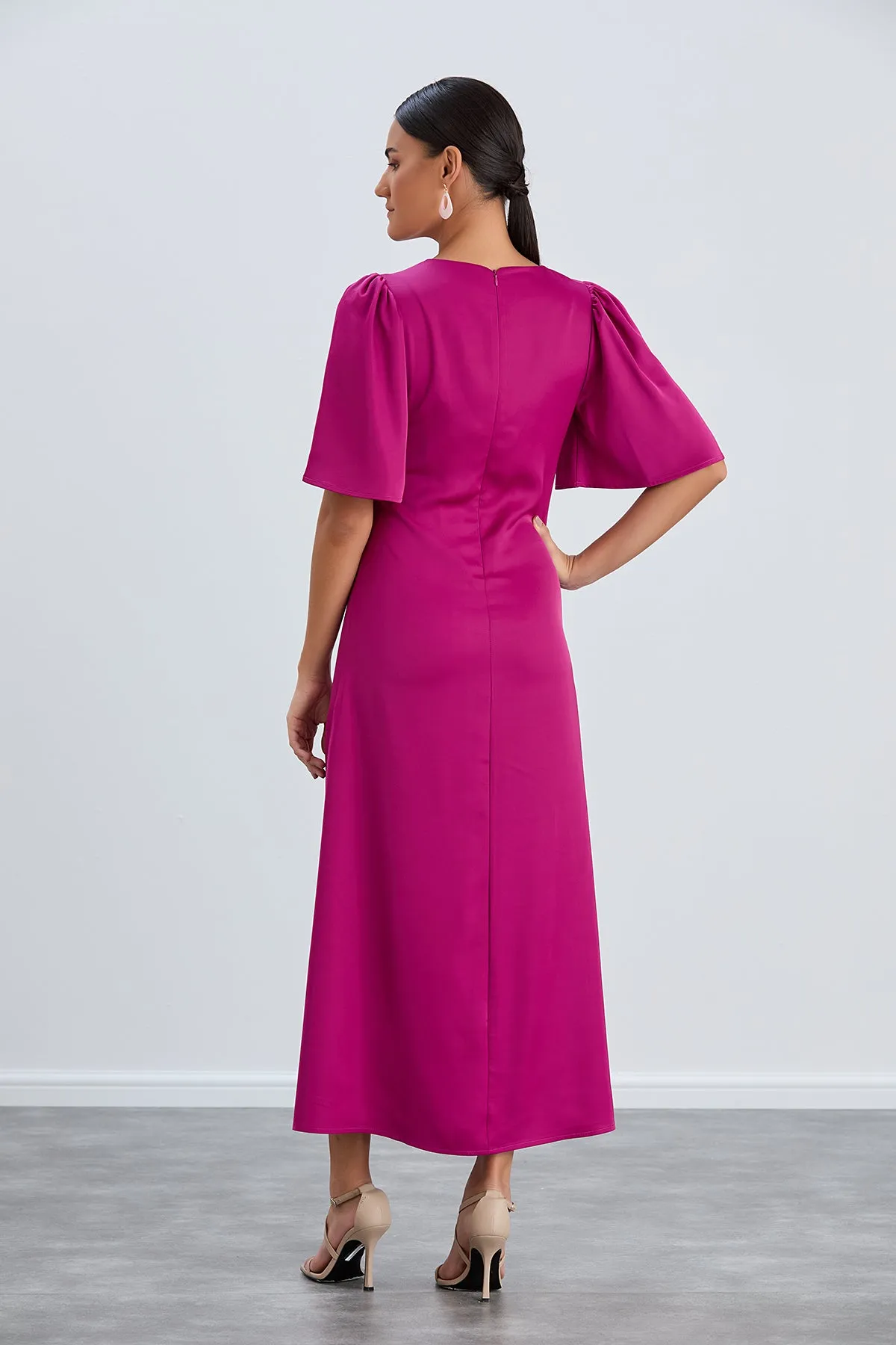 Fuchsia Angel Sleeve Midi Dress with Elegant Side Slit