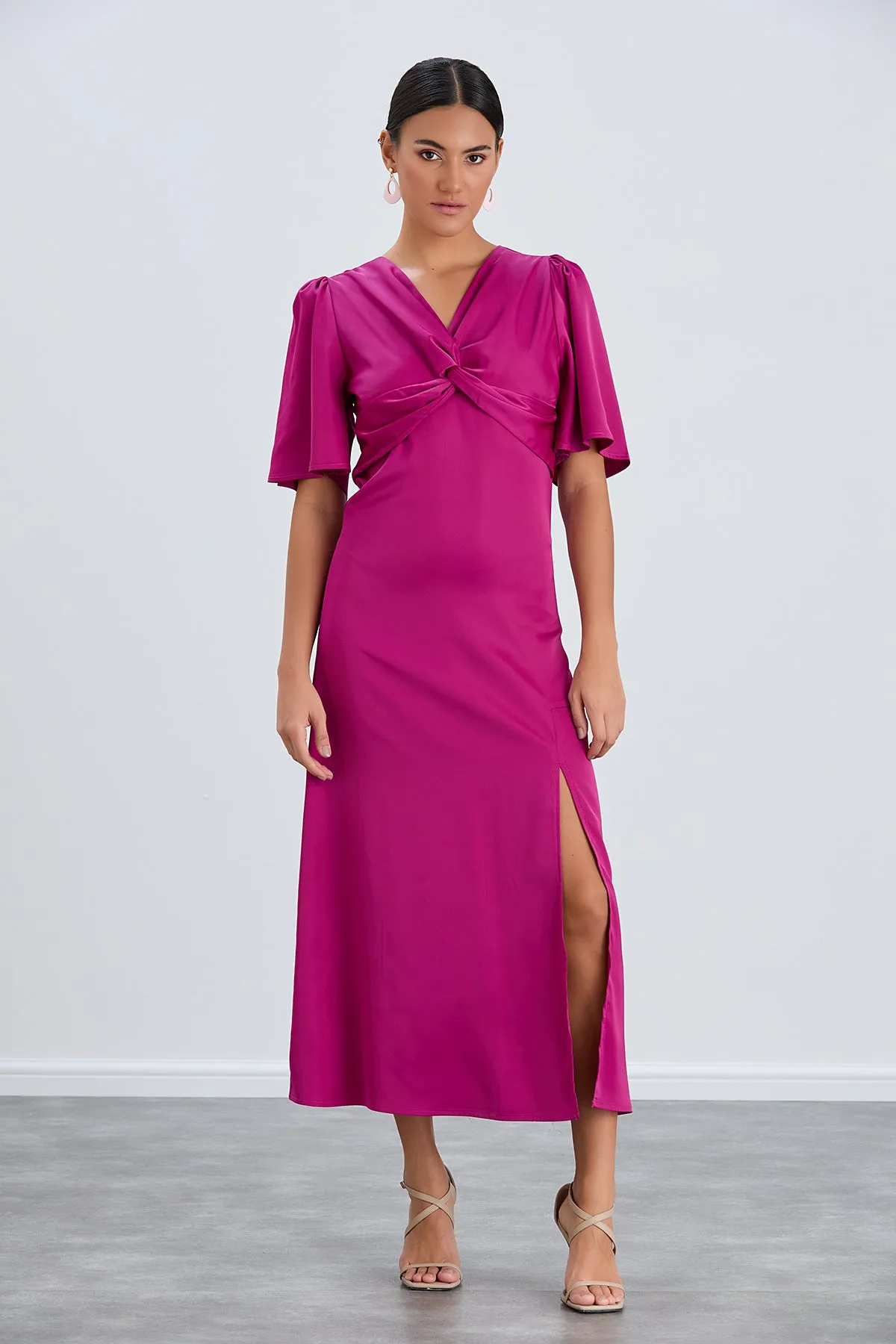 Fuchsia Angel Sleeve Midi Dress with Elegant Side Slit