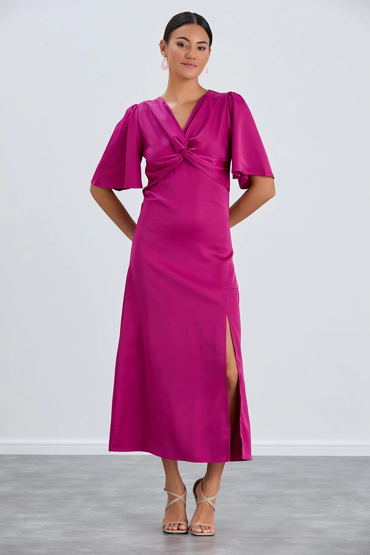 Fuchsia Angel Sleeve Midi Dress with Elegant Side Slit