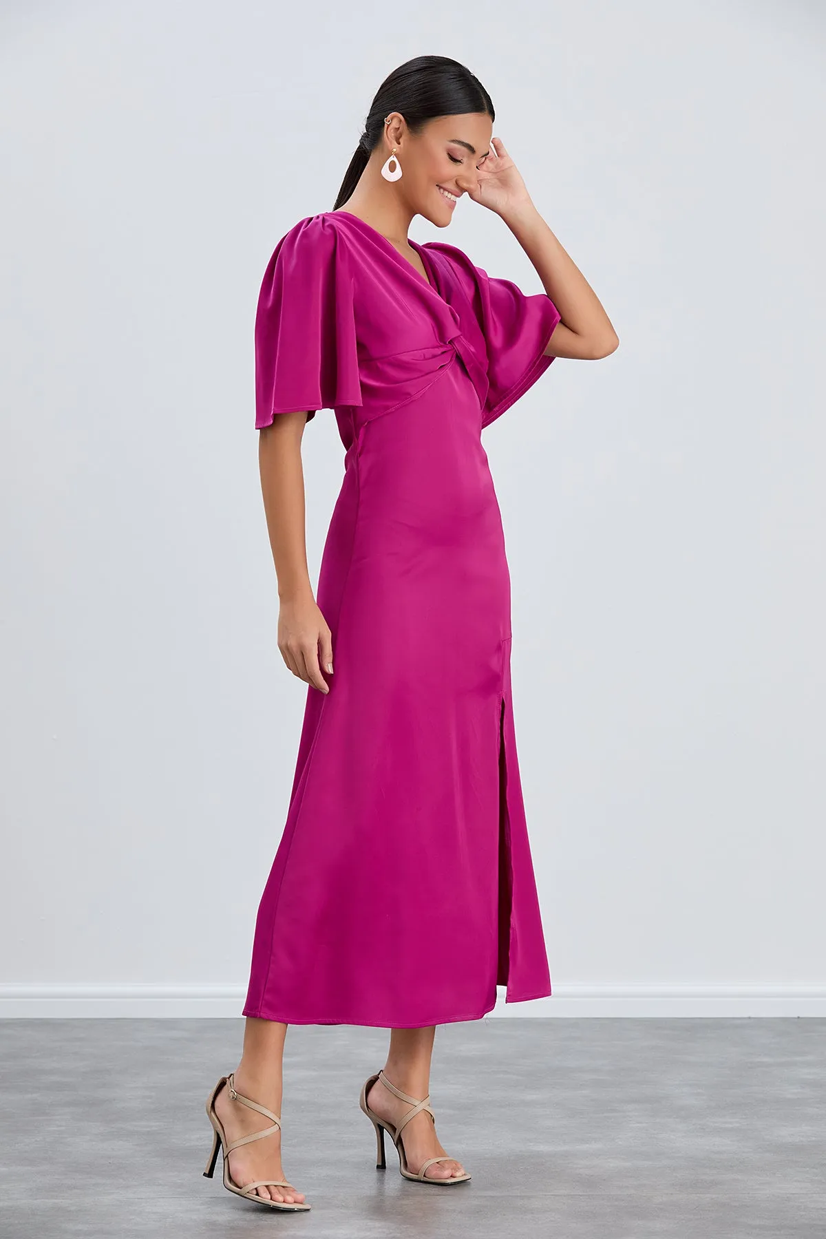 Fuchsia Angel Sleeve Midi Dress with Elegant Side Slit