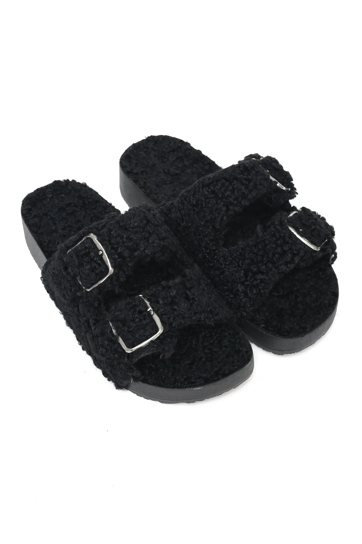 FUZZY DOUBLE-BUCKLE SANDALS-BLACK