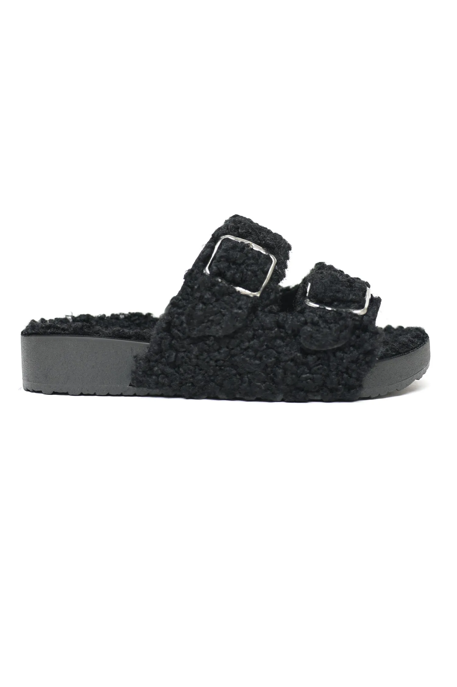 FUZZY DOUBLE-BUCKLE SANDALS-BLACK