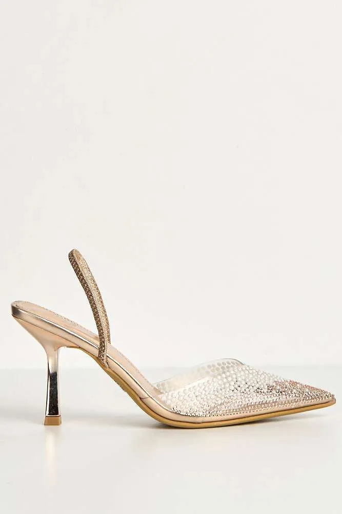 Hali Diamante & Pearl Embellished Perspex Pointy Shoes in Champagne