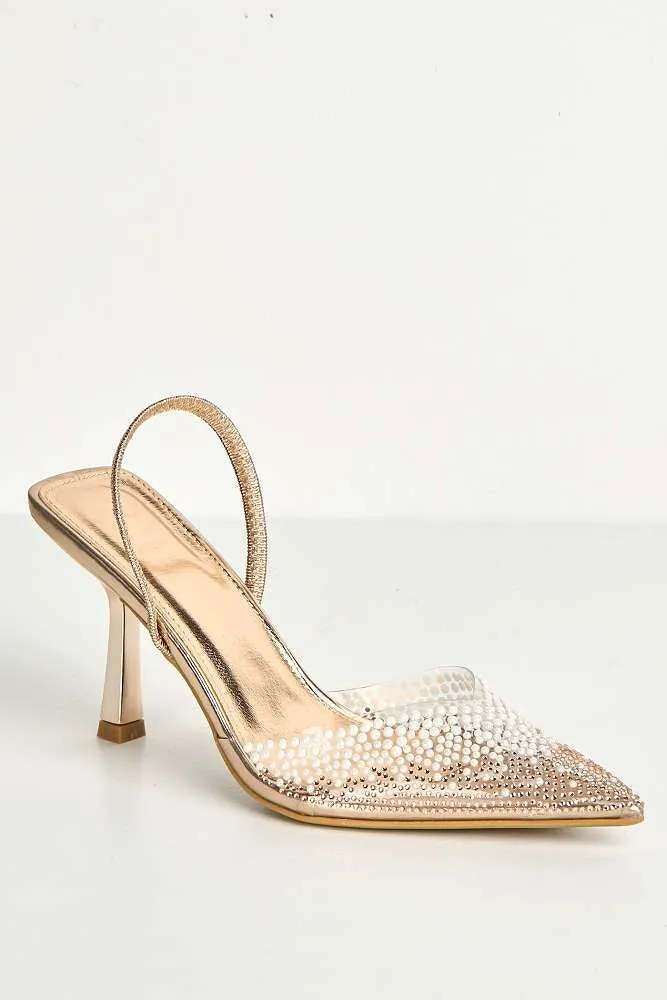 Hali Diamante & Pearl Embellished Perspex Pointy Shoes in Champagne