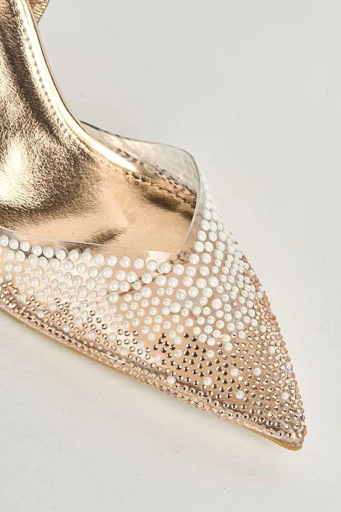 Hali Diamante & Pearl Embellished Perspex Pointy Shoes in Champagne