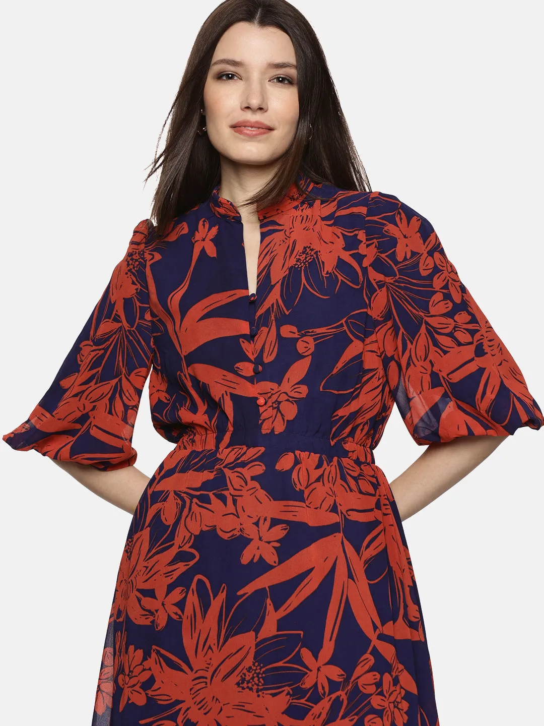 IS.U Floral Blue Printed Baloon Sleeve Dress