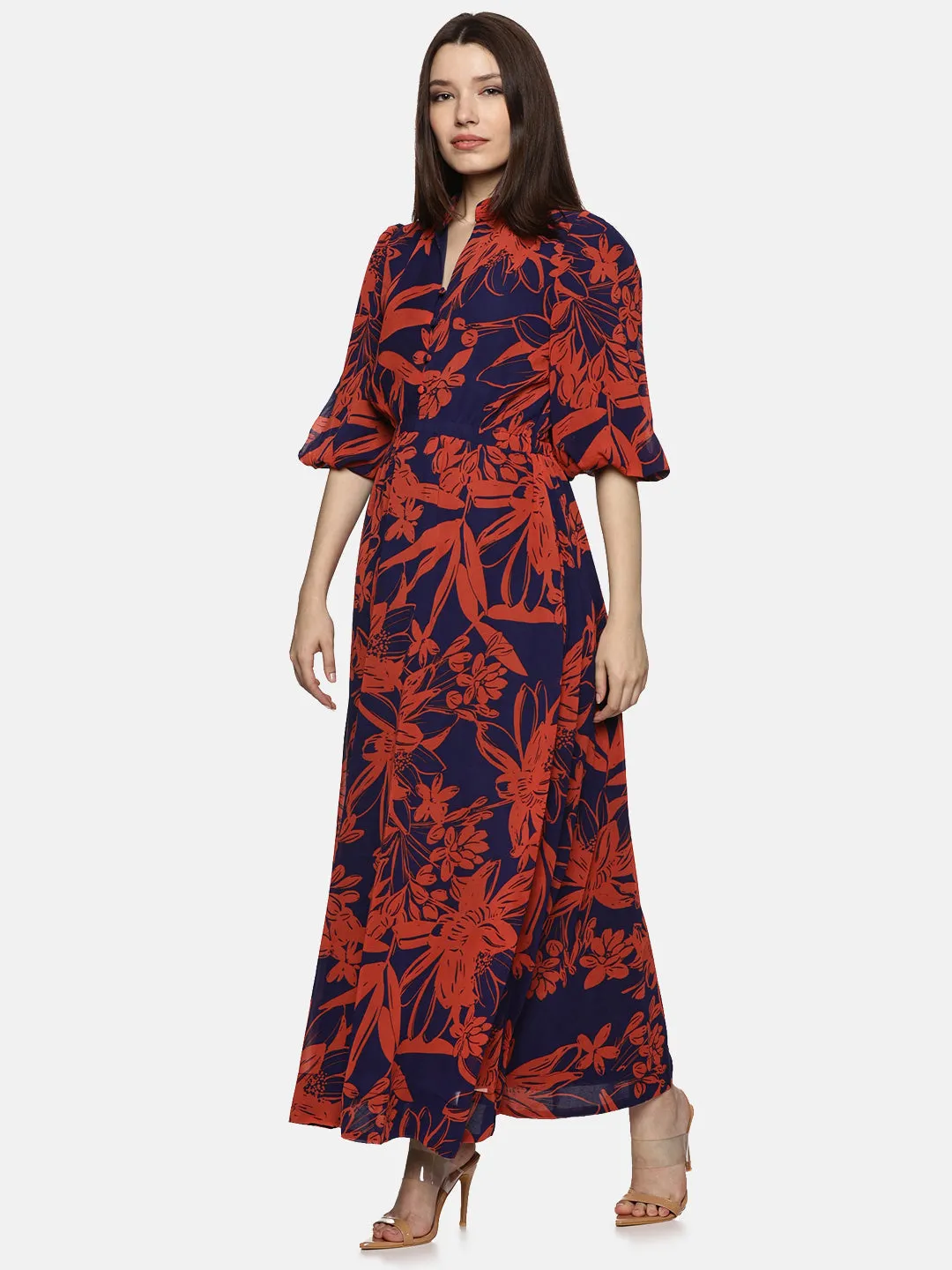 IS.U Floral Blue Printed Baloon Sleeve Dress