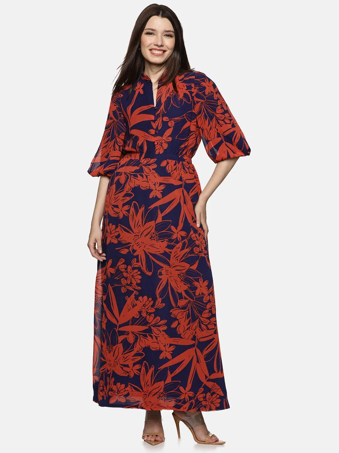 IS.U Floral Blue Printed Baloon Sleeve Dress