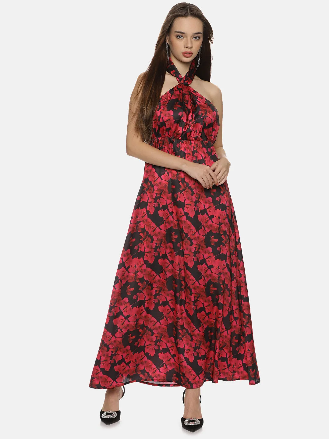 IS.U Floral Red Halter Maxi Dress