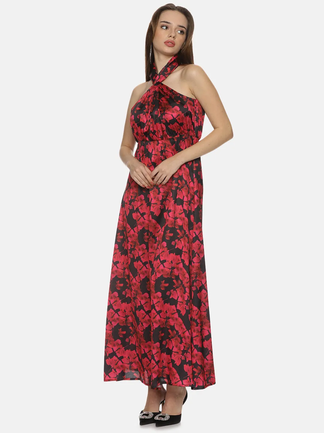 IS.U Floral Red Halter Maxi Dress