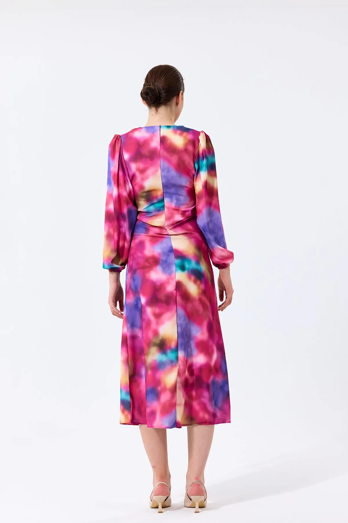 Jade Chic Twist Midi Dress in Vibrant Pink Print