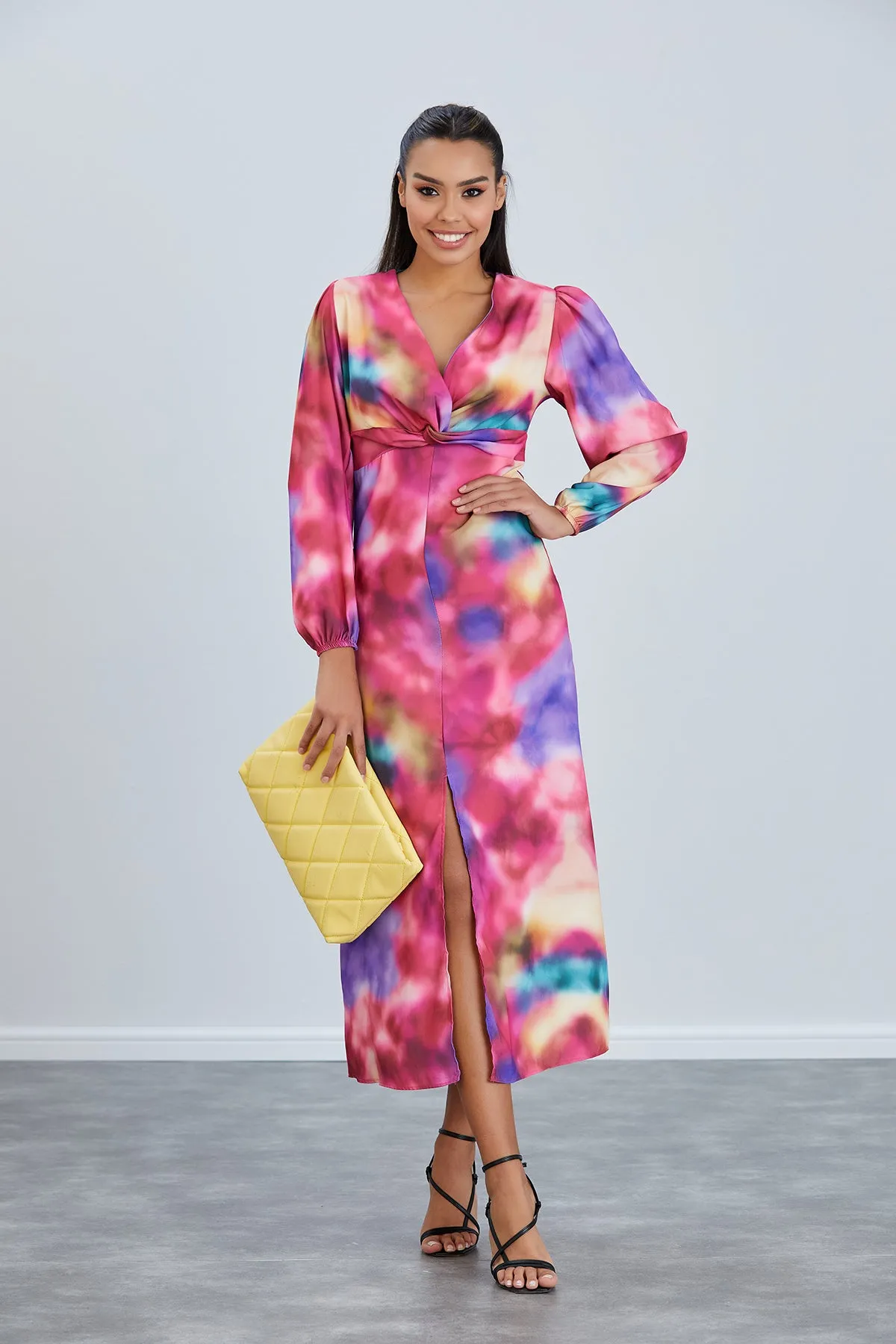 Jade Chic Twist Midi Dress in Vibrant Pink Print