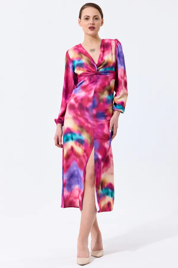 Jade Chic Twist Midi Dress in Vibrant Pink Print