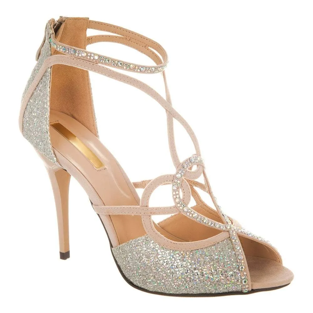 Jasmin Open Toe Diamante Swirl Ankle Strap Shoes