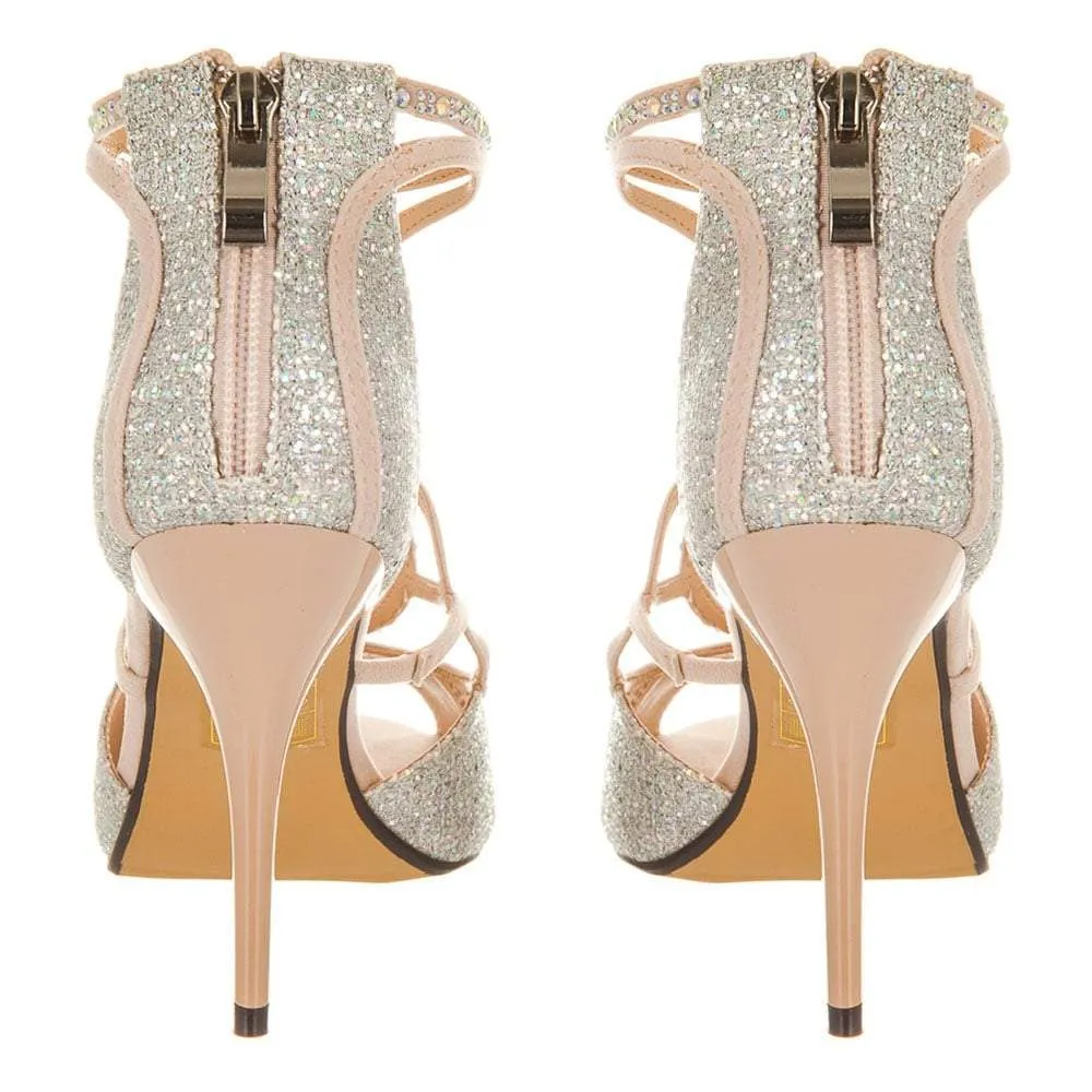 Jasmin Open Toe Diamante Swirl Ankle Strap Shoes