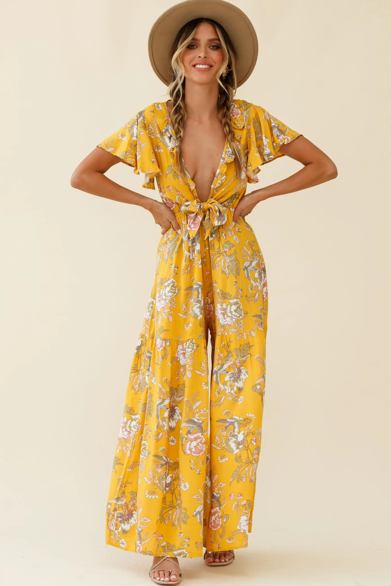 Kasey Tied Bust Wide Leg Floral Print Jumpsuit Mustard