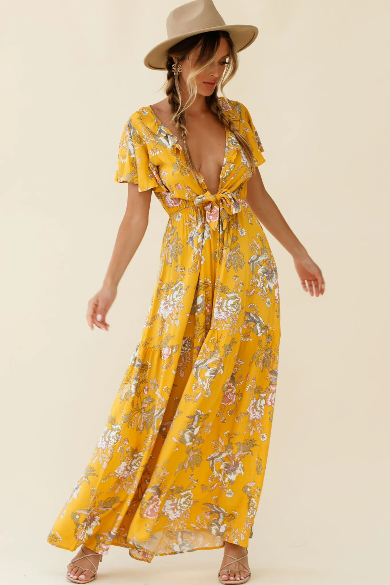 Kasey Tied Bust Wide Leg Floral Print Jumpsuit Mustard