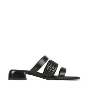 LATTICE LEATHER BLOCK HEEL SANDALS