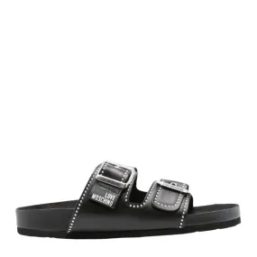 Love Moschino Sliver-Tone Stud Buckle Black Sandals