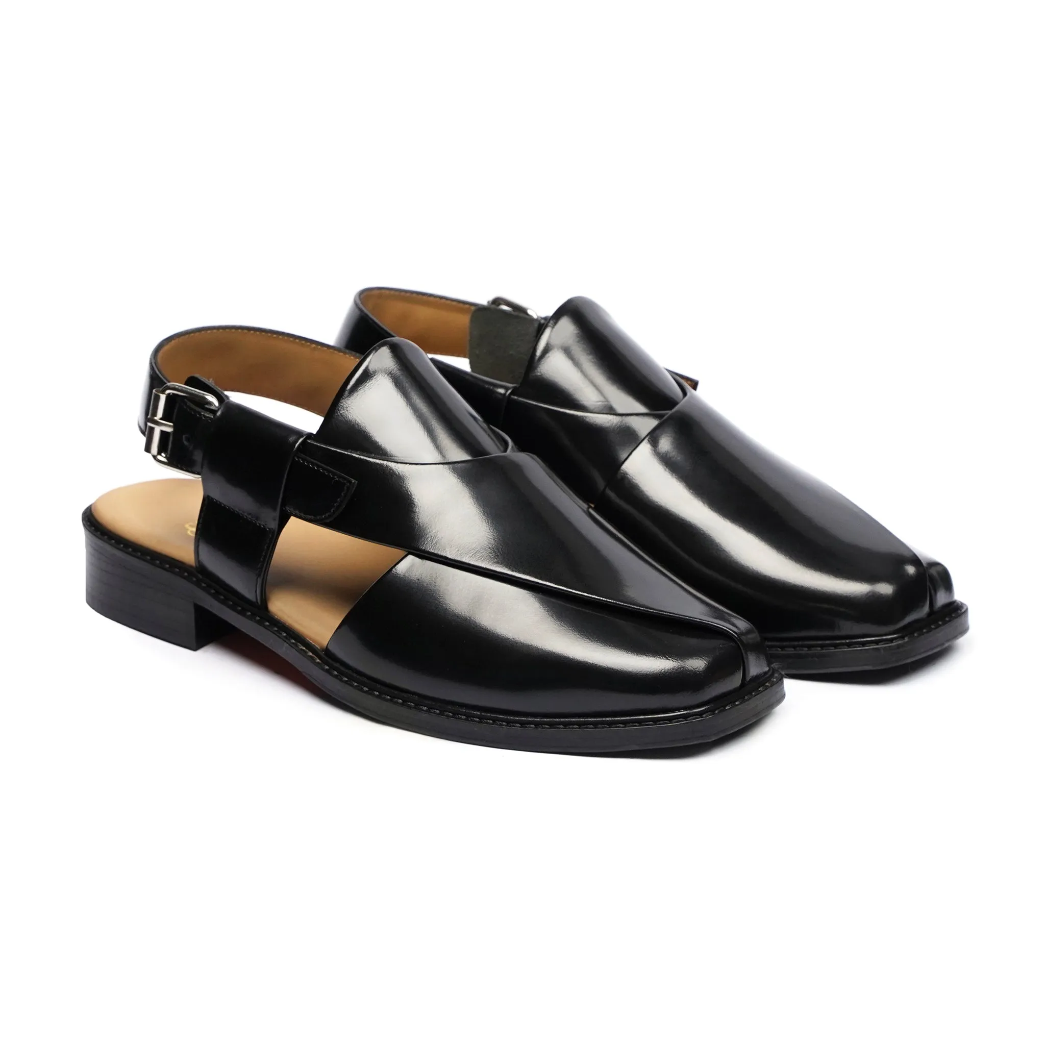 Minako - Men's Black Box Leather High Shine Sandal