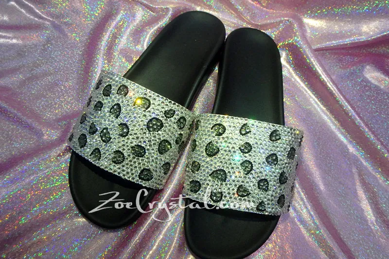 NEW Bling Bedazzled SANDALS SLIDES Slippers with Snow Leopard Print Fashinable Cool Shinny Sparkly Crystal Rhinestone Glitter