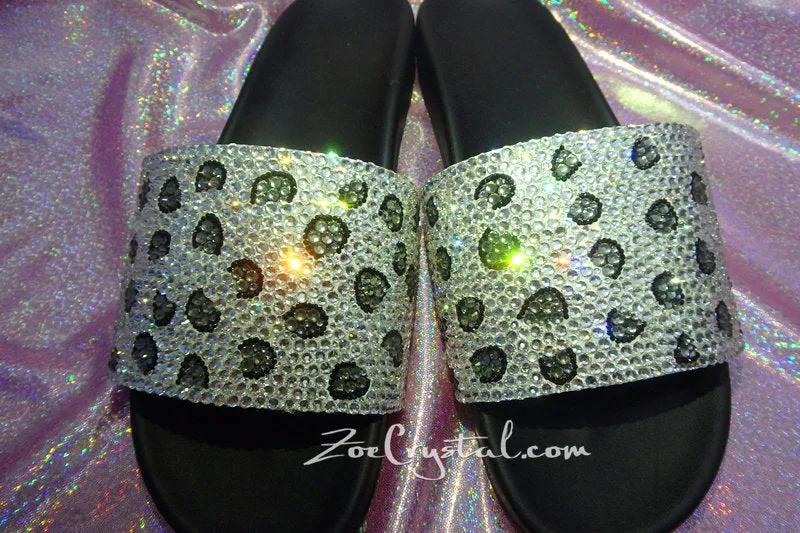 NEW Bling Bedazzled SANDALS SLIDES Slippers with Snow Leopard Print Fashinable Cool Shinny Sparkly Crystal Rhinestone Glitter