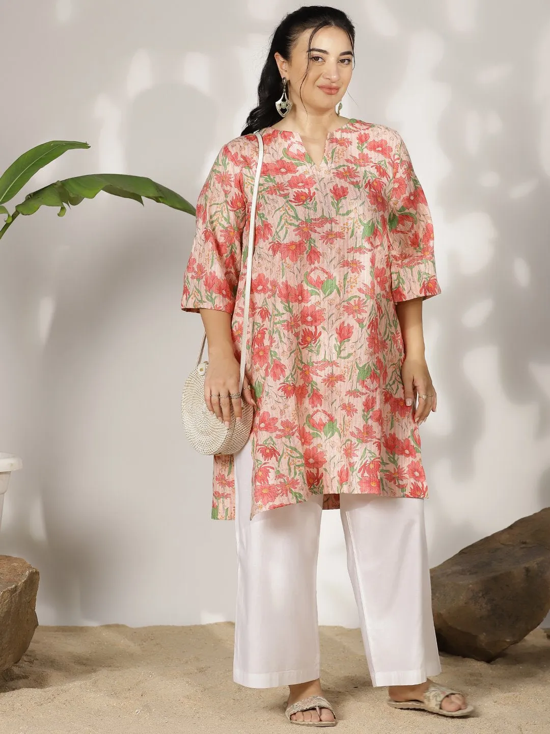 PinkFloral Cotton LongKurta