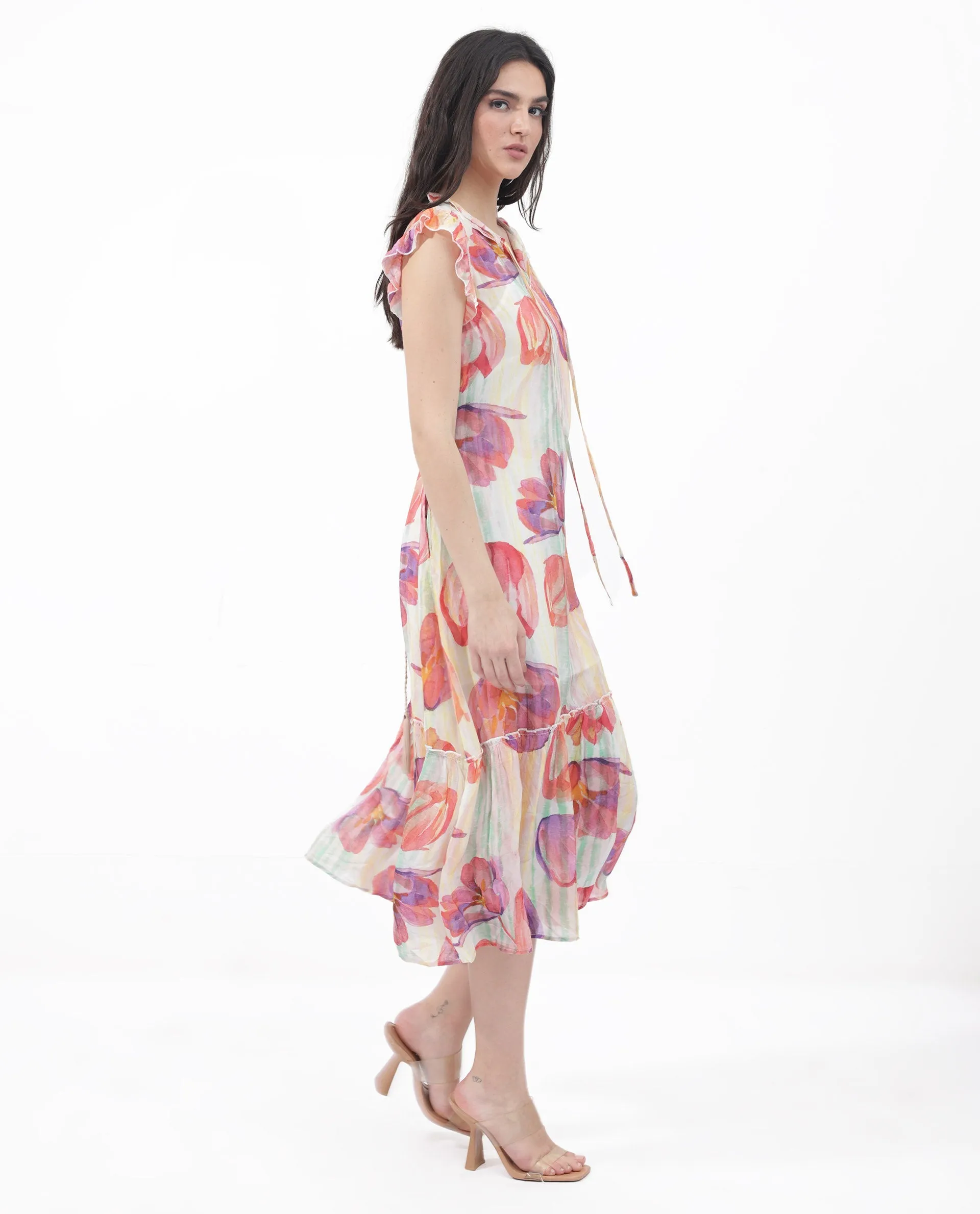 Rareism Women Almora Light Multi Polyester Fabric Cap Sleeve Collared Neck Floral Print Regular Length Dress