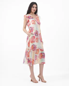 Rareism Women Almora Light Multi Polyester Fabric Cap Sleeve Collared Neck Floral Print Regular Length Dress