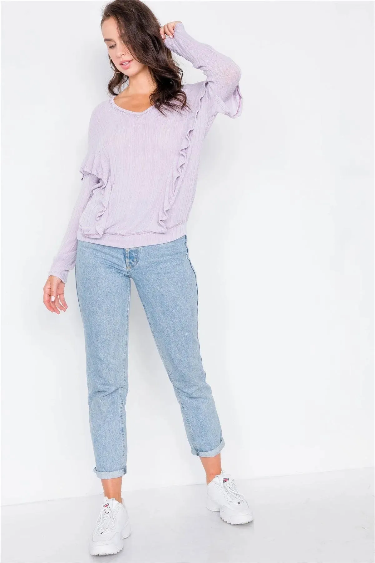 Relaxed Fit Ribbed Knit Long Ruffle Sleeve Top