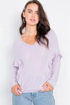 Relaxed Fit Ribbed Knit Long Ruffle Sleeve Top